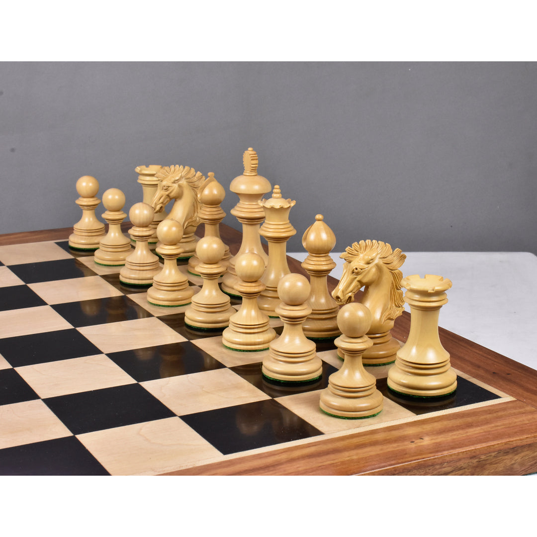 Natural boxwood Alexandria Staunton chess pieces displayed on a premium checkered board.