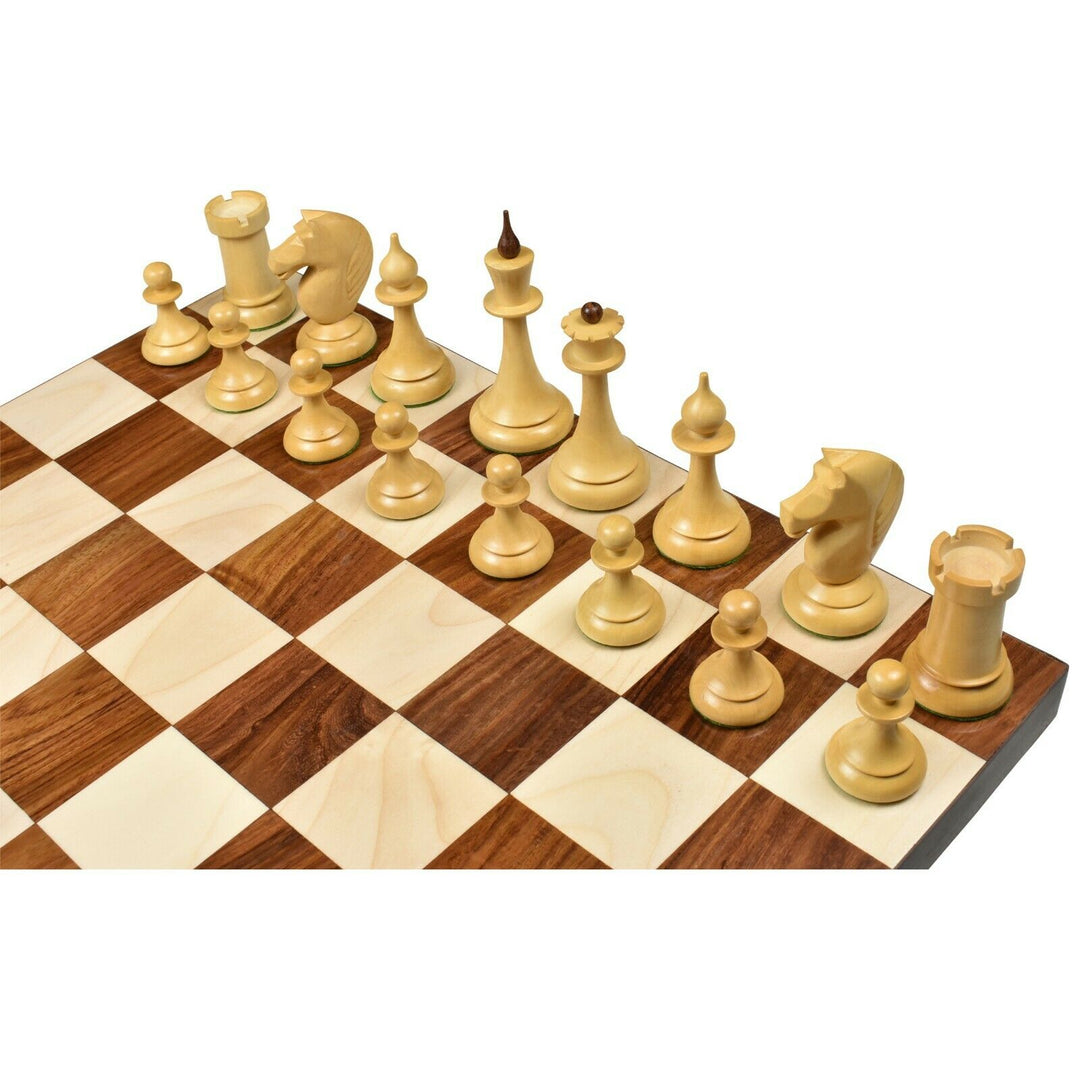 Slender boxwood chess pieces from the 1950s Soviet Latvian reproduction set on a checkerboard.