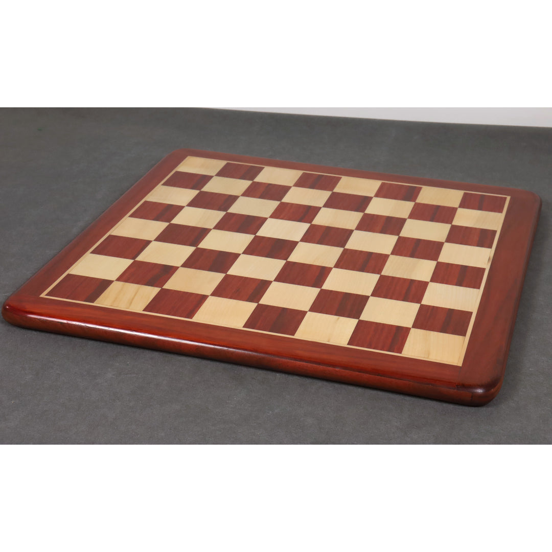 Full view of the 19 inch bud rosewood and maple chess board featuring 50 mm play squares.