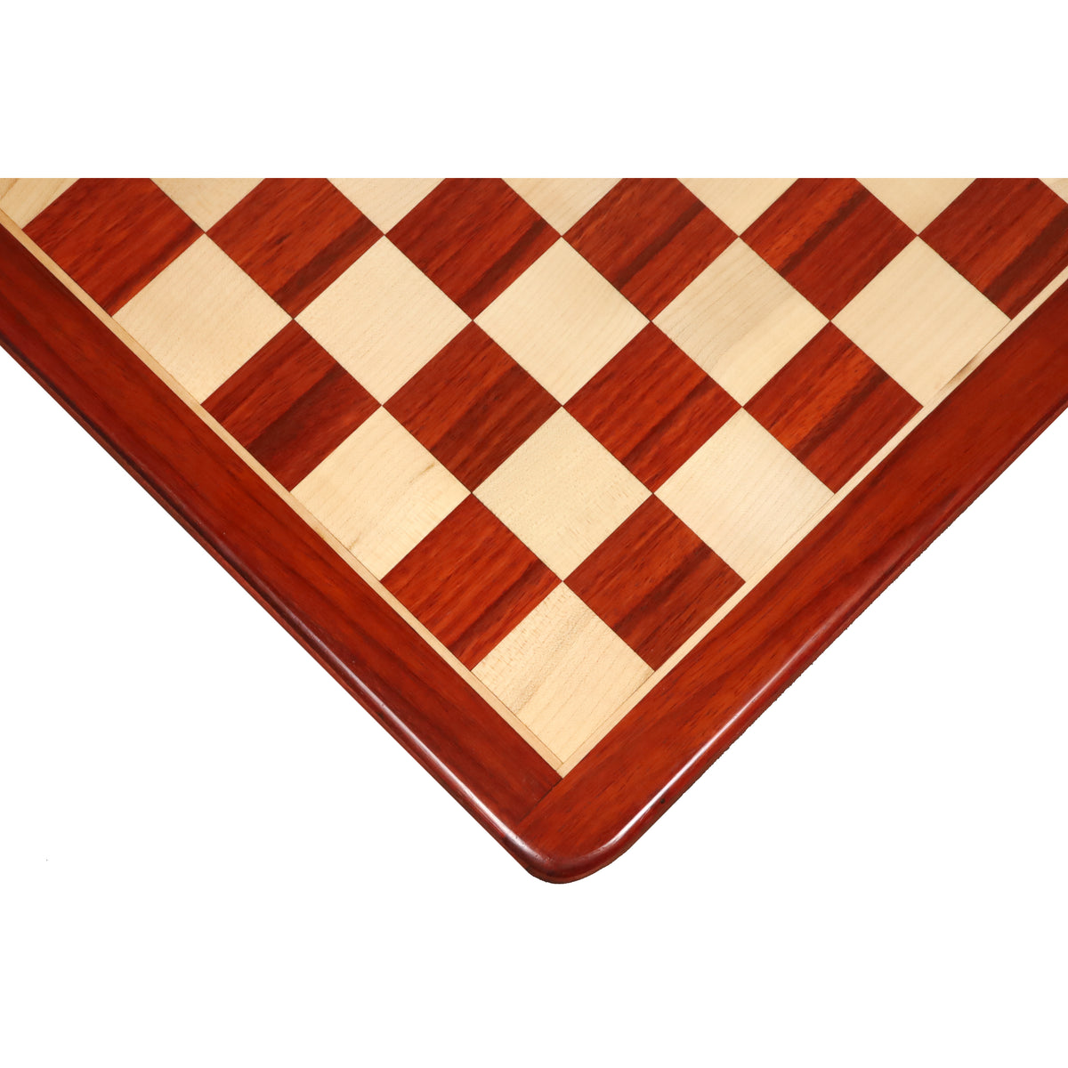 Close-up of a 19 inch bud rosewood and maple wood chess board corner with 50 mm squares.