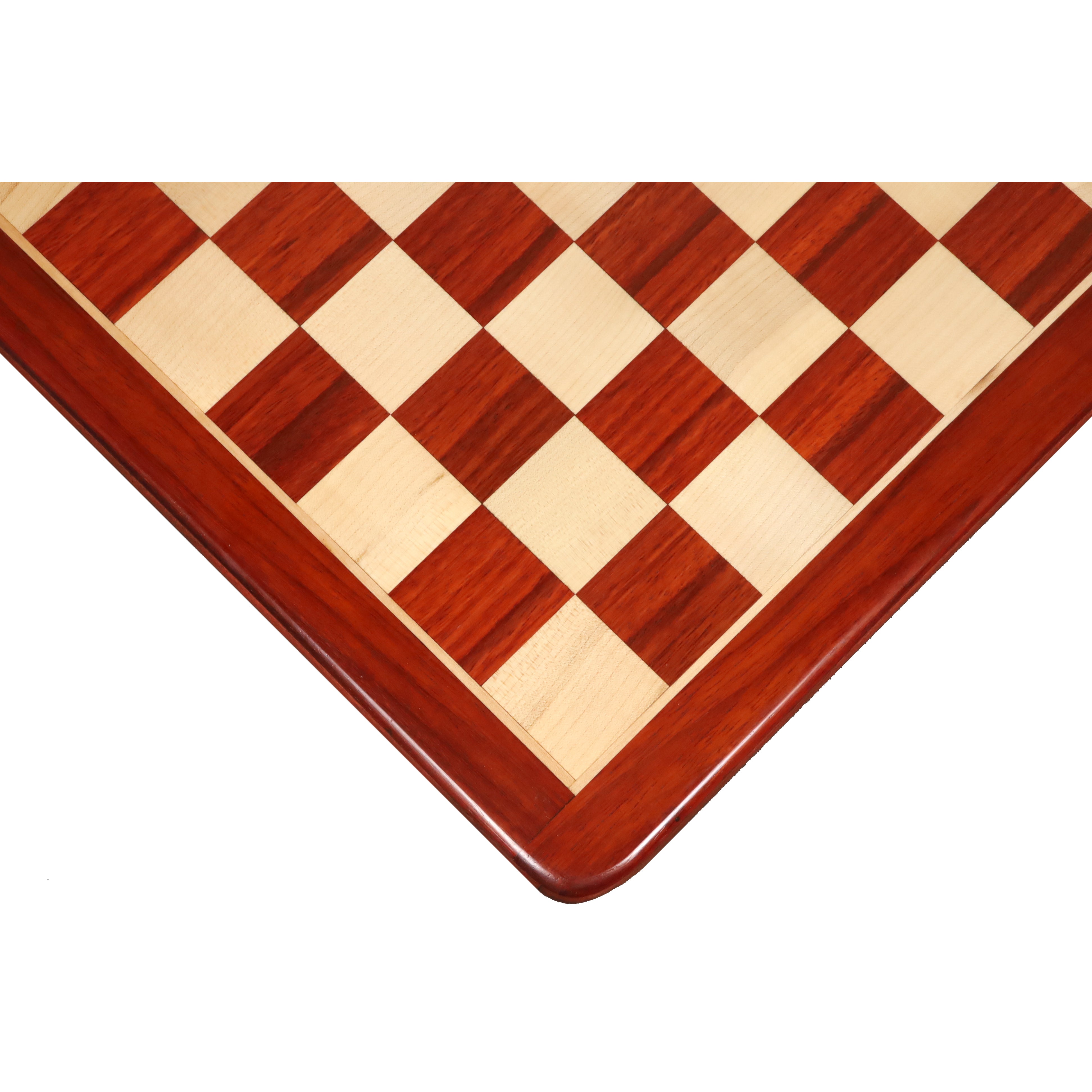 Close-up of a 19 inch bud rosewood and maple wood chess board corner with 50 mm squares.