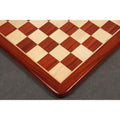 Precision wood inlay detail of a 19 inch bud rosewood and maple chess board with 50 mm squares.