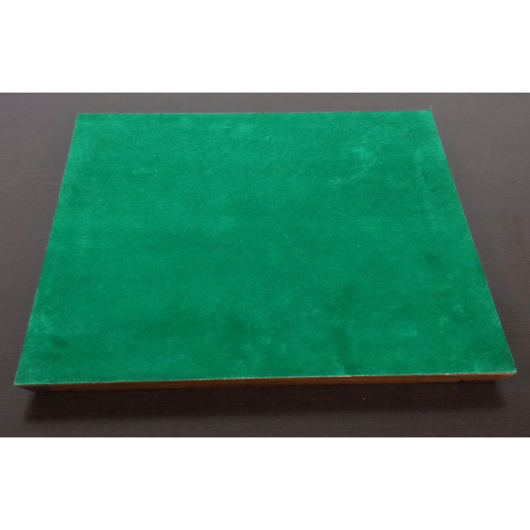 Green felted base of a Drueke style chess board to prevent scratches on surfaces.