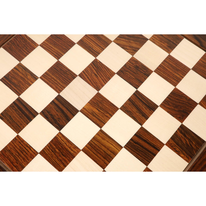 Overhead view of the playing surface of a 15 inch golden rosewood and maple chess board.
