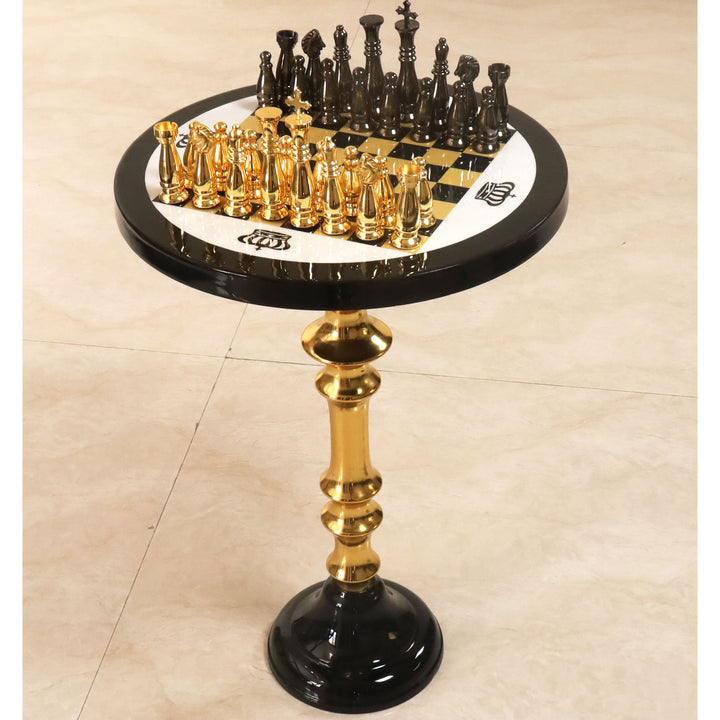 18-inch executive brass chess table set with metal pieces styled as a luxury home decor centerpiece.