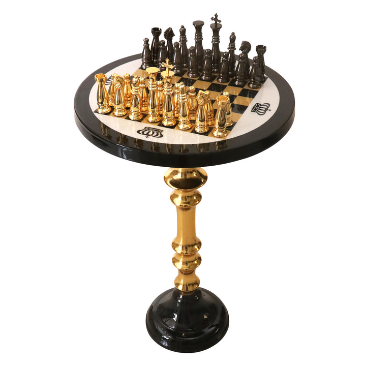 Executive brass chess table with luxury gold and black metal chess pieces on a circular pedestal stand.