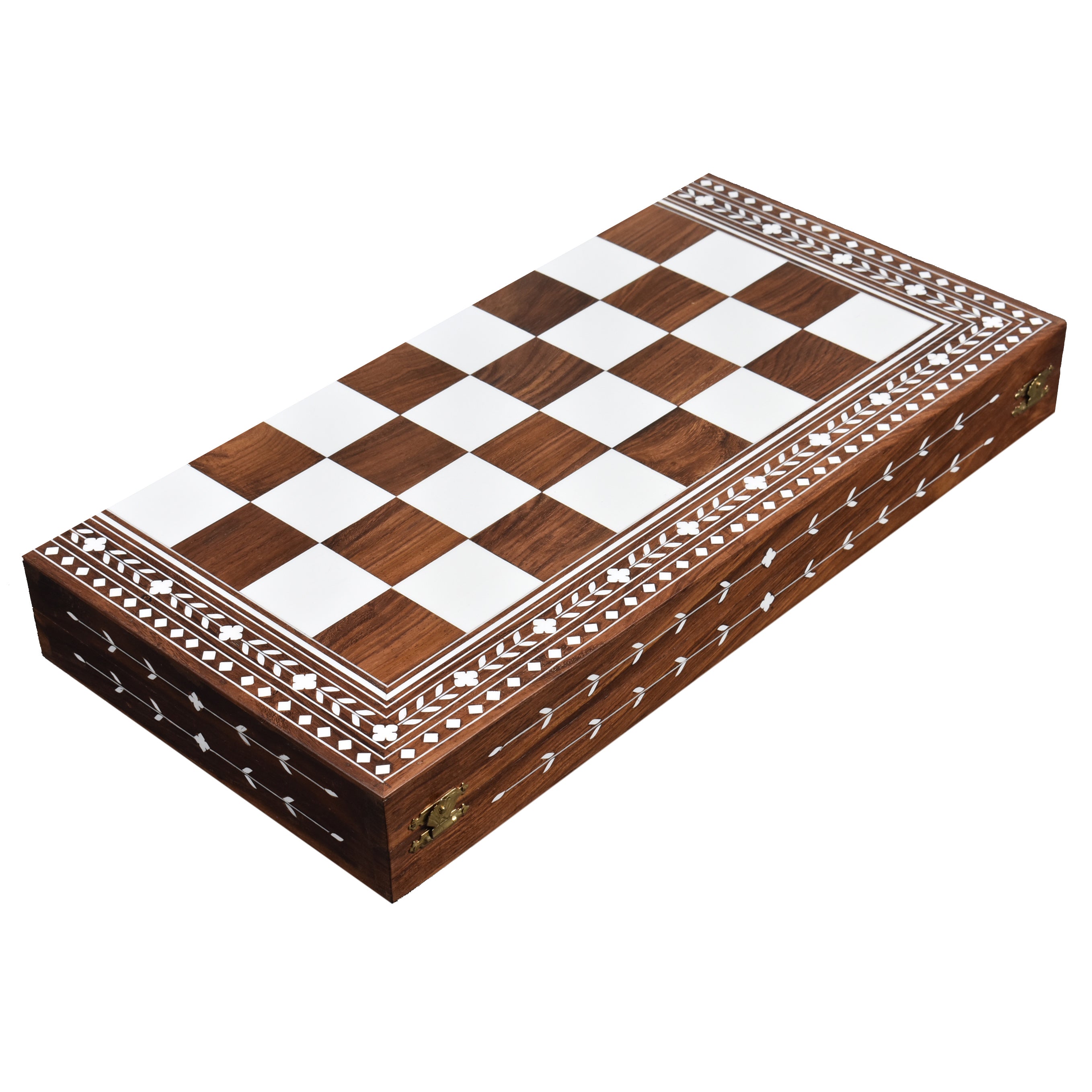 Closed 18 inch folding golden rosewood chess board with intricate white acrylic floral inlays.