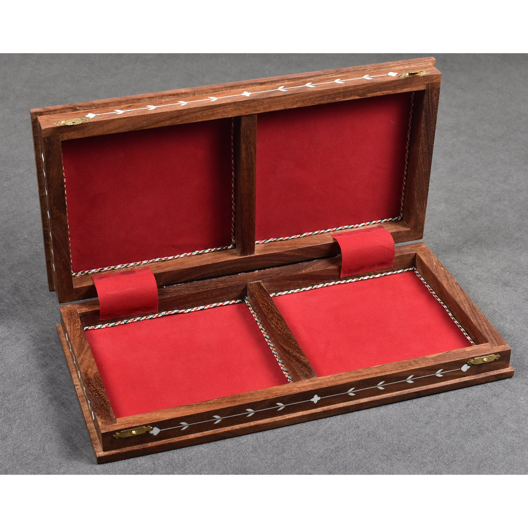 Red felt-lined interior storage compartments of a 15 inch folding golden rosewood chess board.