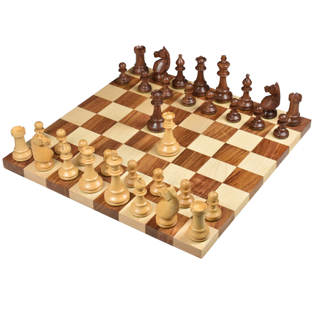 Complete 1920s German Collectors chess set arranged on a premium wooden chessboard.
