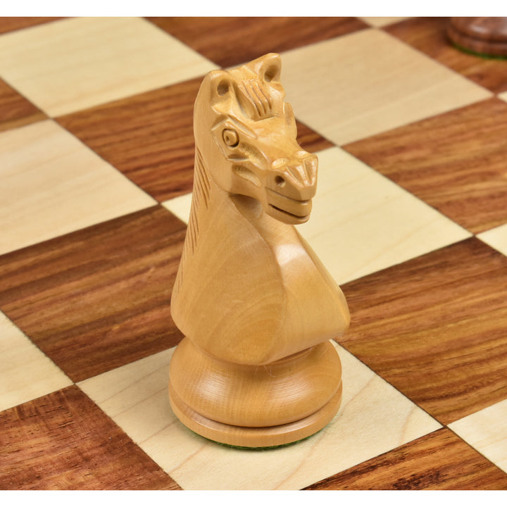 Detailed view of a hand-carved Boxwood German Collector Knight on a wooden chessboard.
