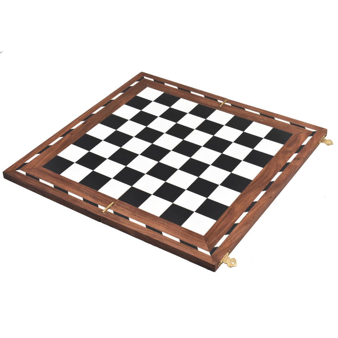 14 inch library series golden rosewood and acrylic ivory chess board isolated on a white background.