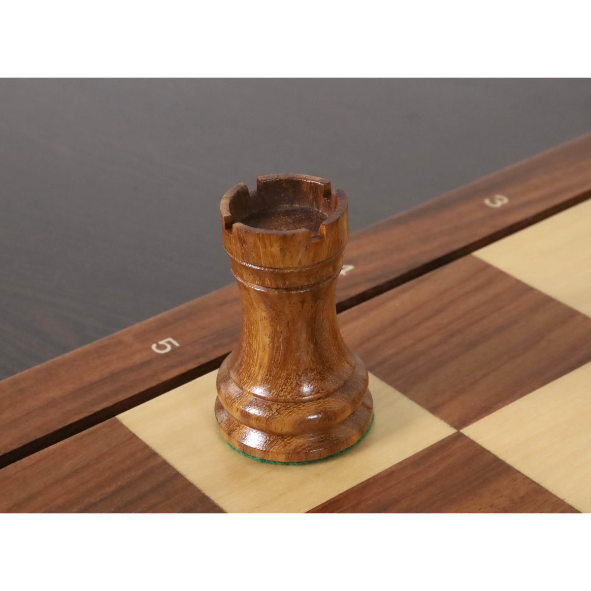 Robust golden rosewood rook piece from the 1933 Botvinnik Flohr-I Soviet chess collection.