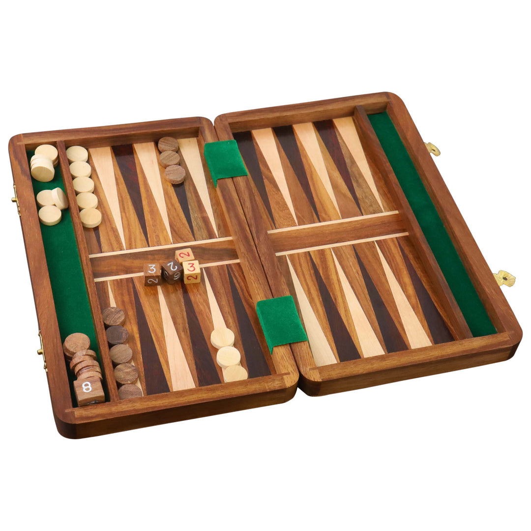 Folding wooden backgammon board with light and dark wood inlay triangles and round checkers.