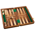 Folding wooden backgammon board with light and dark wood inlay triangles and round checkers.