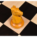 Close-up of a hand-carved antiqued boxwood knight from the 1849-50 Leuchars Cook Staunton chess set.