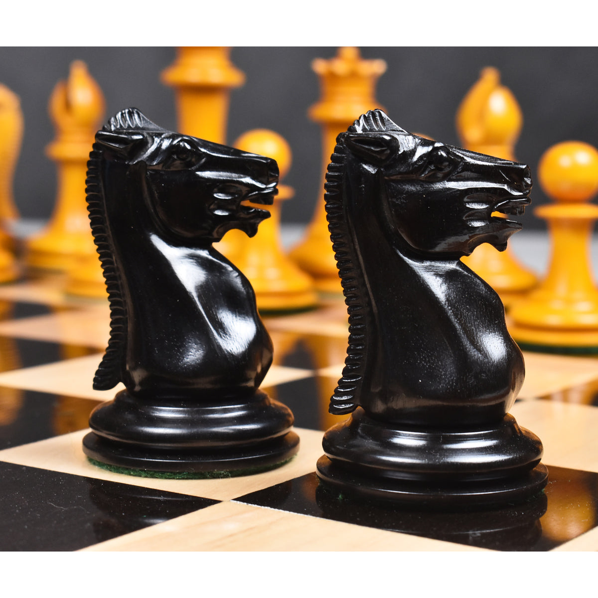 Intricately hand-carved ebony wood Knights from the premium Leuchars Cook Staunton set.
