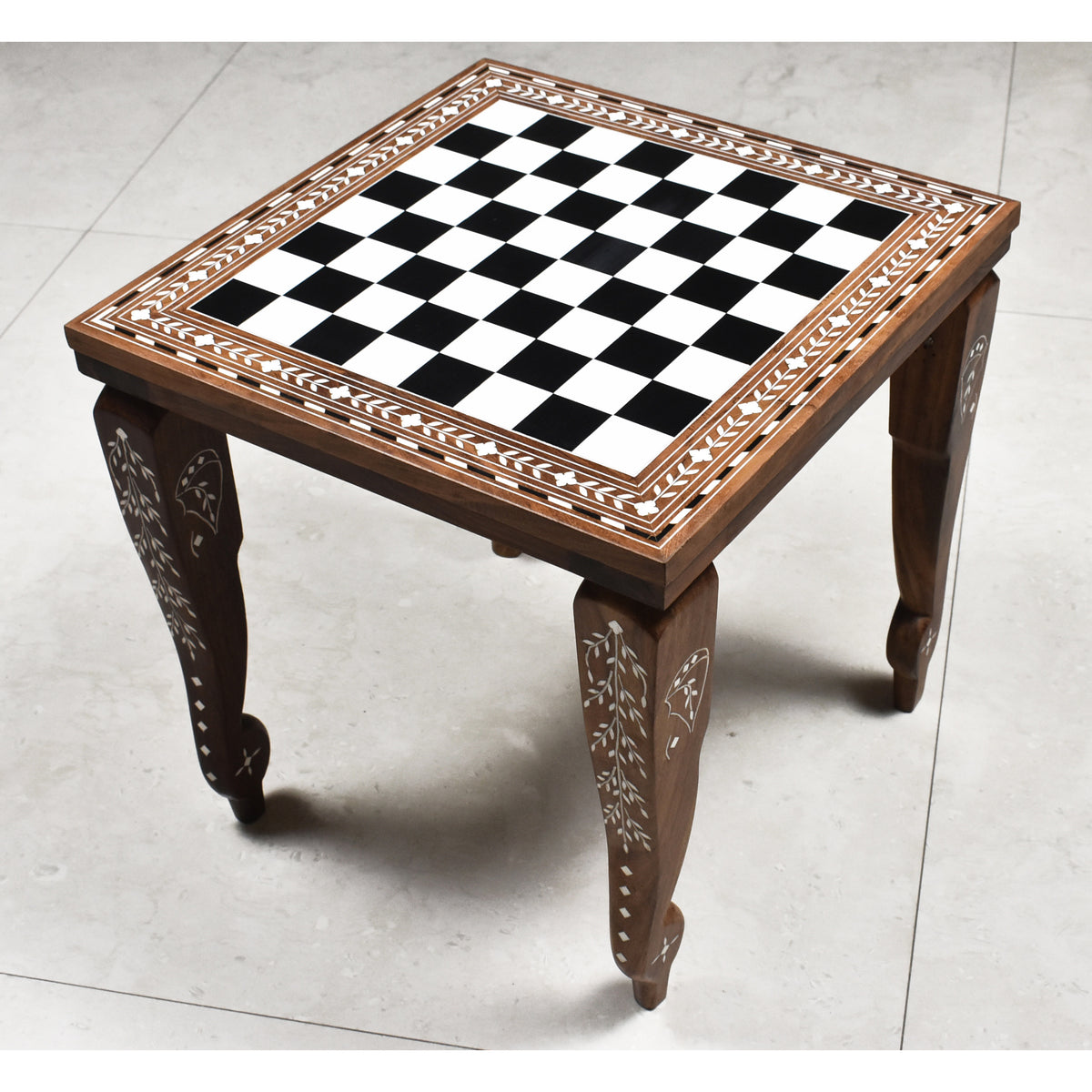 Elegant 14 inch library series chess table featuring hand-carved floral legs and a checkered top.