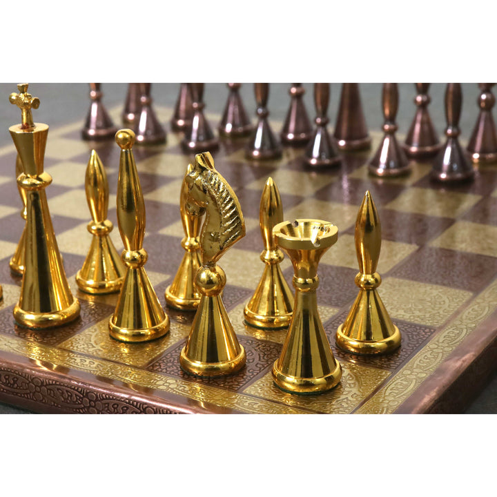Close-up of gold-toned luxury brass chess pieces highlighting the queen and knight on a metal board.