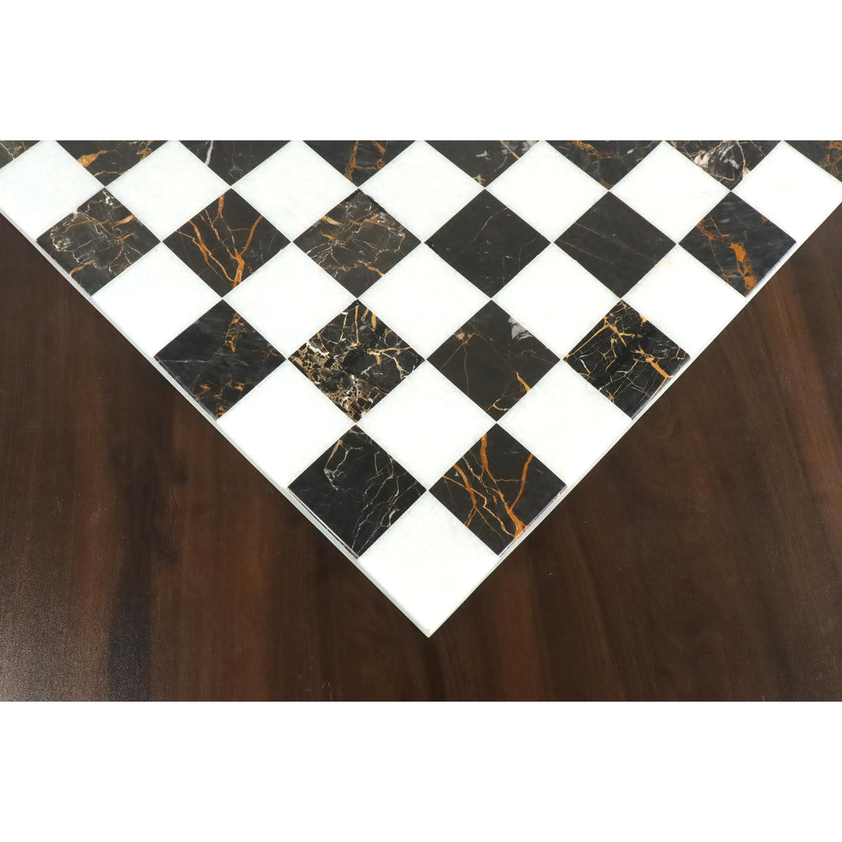 Corner view of a 18 inch luxury marble stone chess board showcasing the geometric black and white pattern.