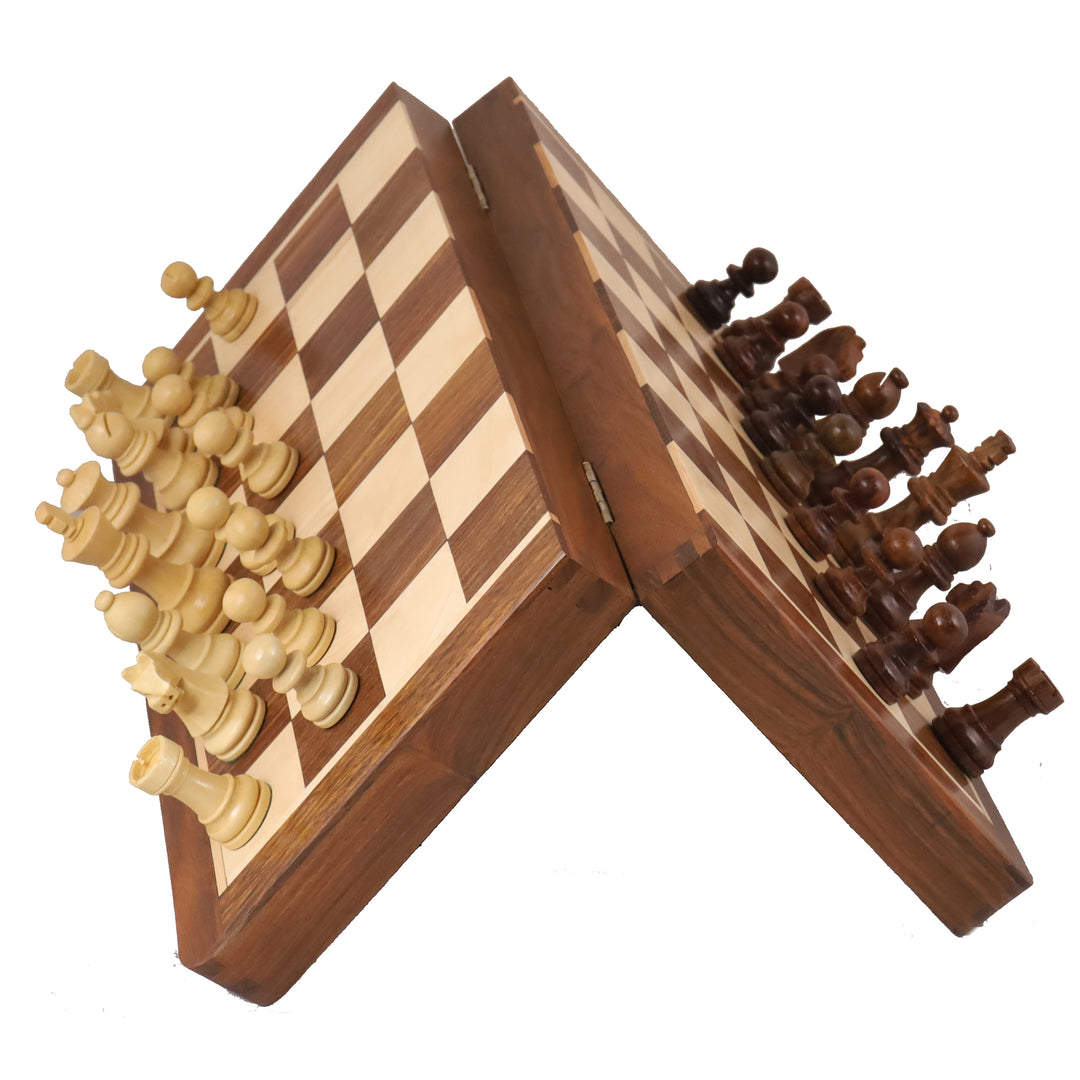 Golden rosewood magnetic chess pieces stay fixed on a folding maple wood board.