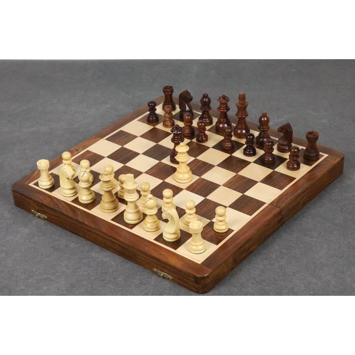 Complete magnetic travel chess set with rosewood and maple pieces on a 14 inch board.