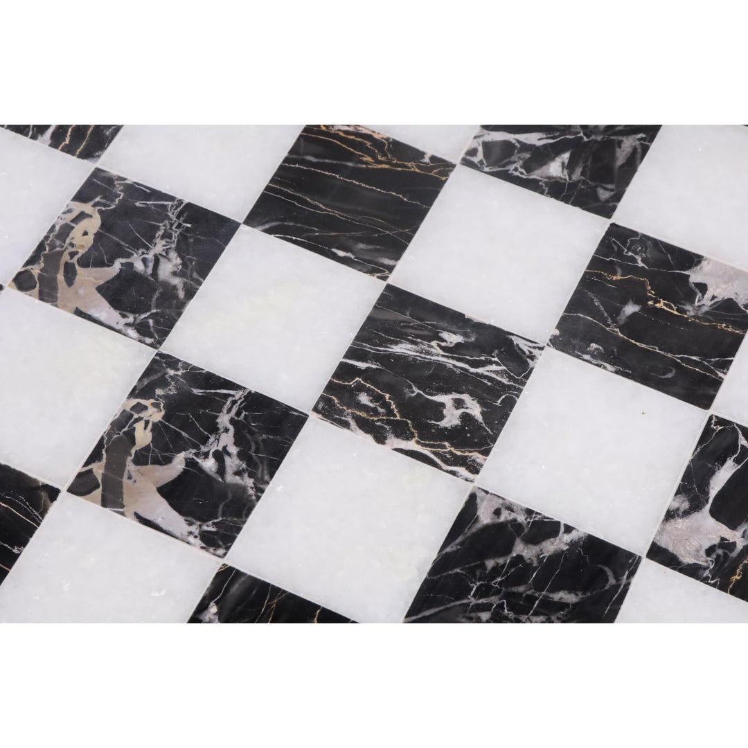 Macro view of natural veining in a black and white marble stone luxury chess board.
