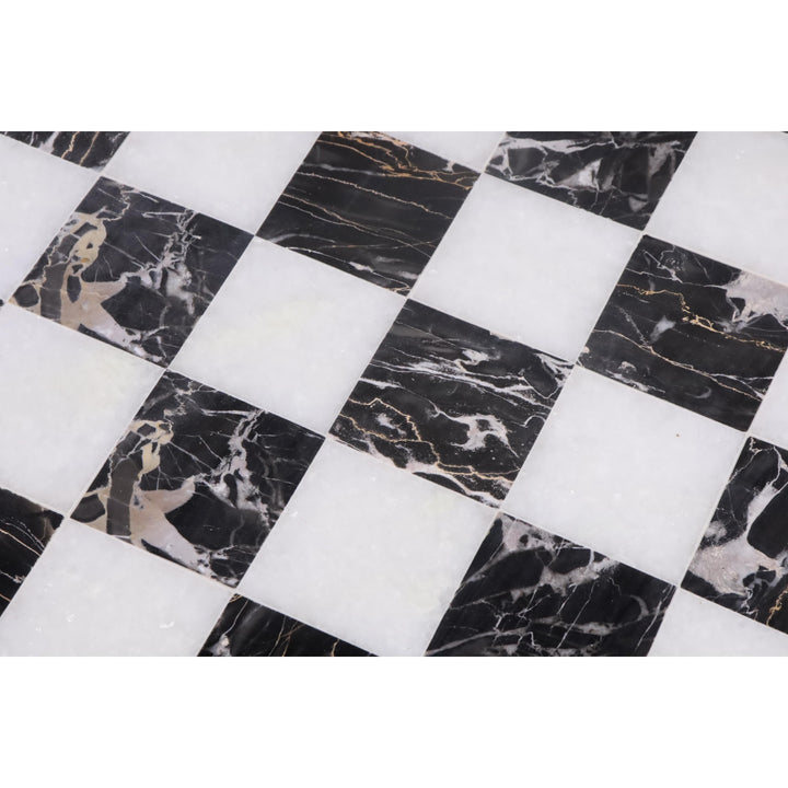 Macro view of natural veining in a black and white marble stone luxury chess board.