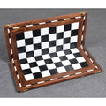 Profile view of a 14 inch folding chess board in golden rosewood being opened for play.