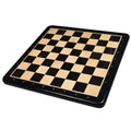 Perspective view of a professional 19-inch ebony and maple inlaid chess board with 50mm squares.