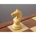 Detailed close-up of a hand-carved boxwood knight from the 1933 Soviet Botvinnik Flohr set.