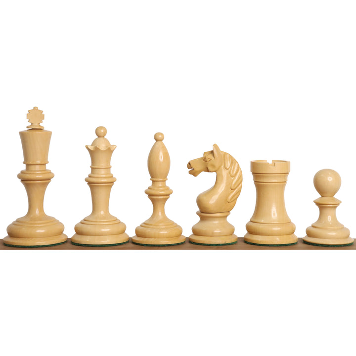 Natural boxwood 1933 Botvinnik Flohr-I Soviet chess pieces in a profile lineup against a white background.