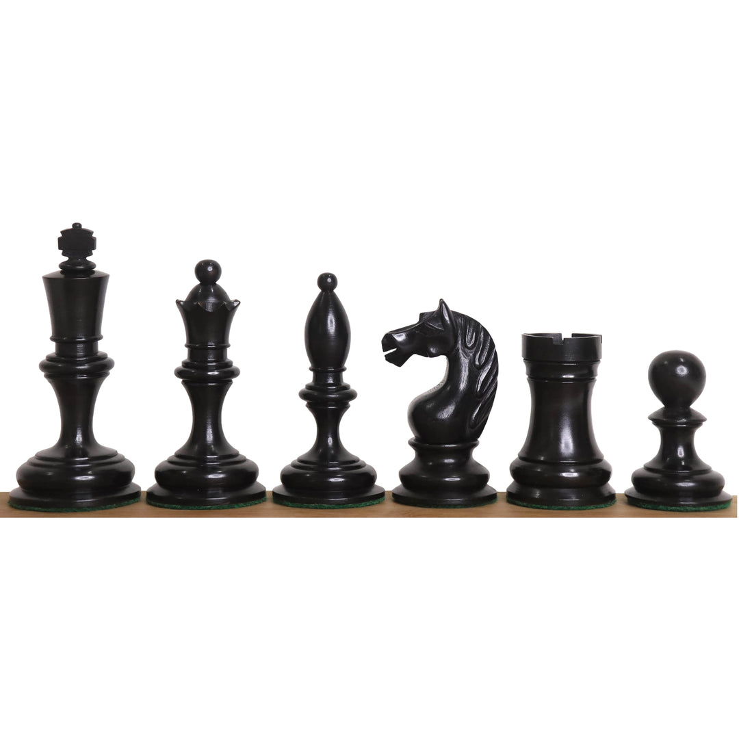 Ebonised boxwood 1933 Soviet chess pieces including king with unique finial and carved knight.