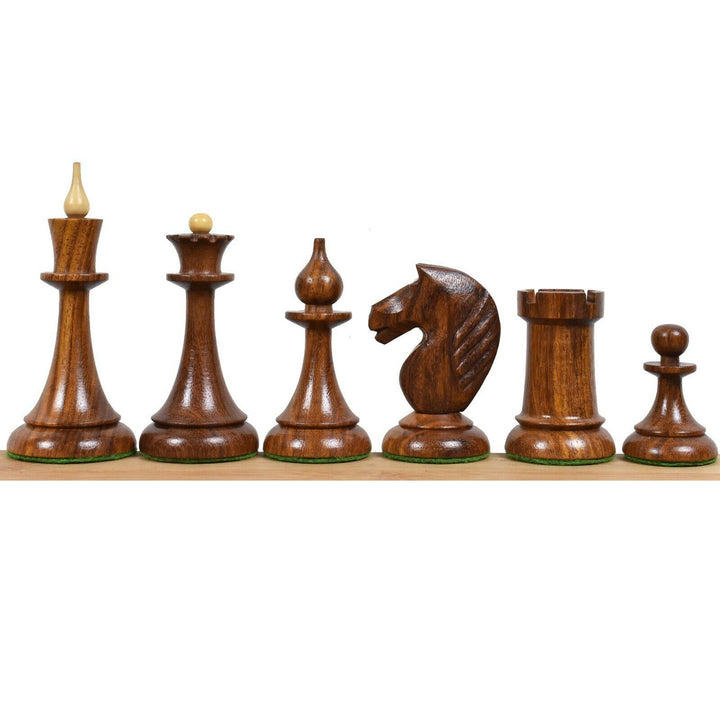 Creamy boxwood Soviet Latvian reproduced chess pieces highlighting the 4 inch king and tall knight.