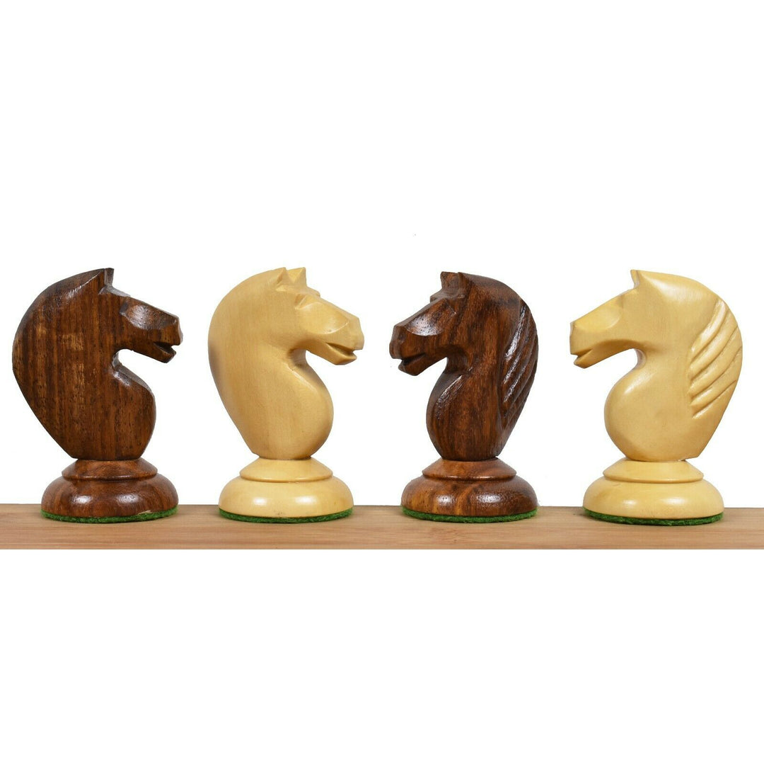 Handcrafted 1950s Soviet Latvian reproduced chess pieces in rich golden rosewood with unique finials.