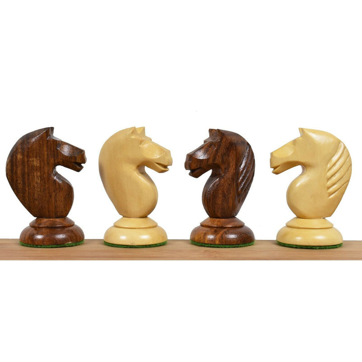 Handcrafted 1950s Soviet Latvian reproduced chess pieces in rich golden rosewood with unique finials.