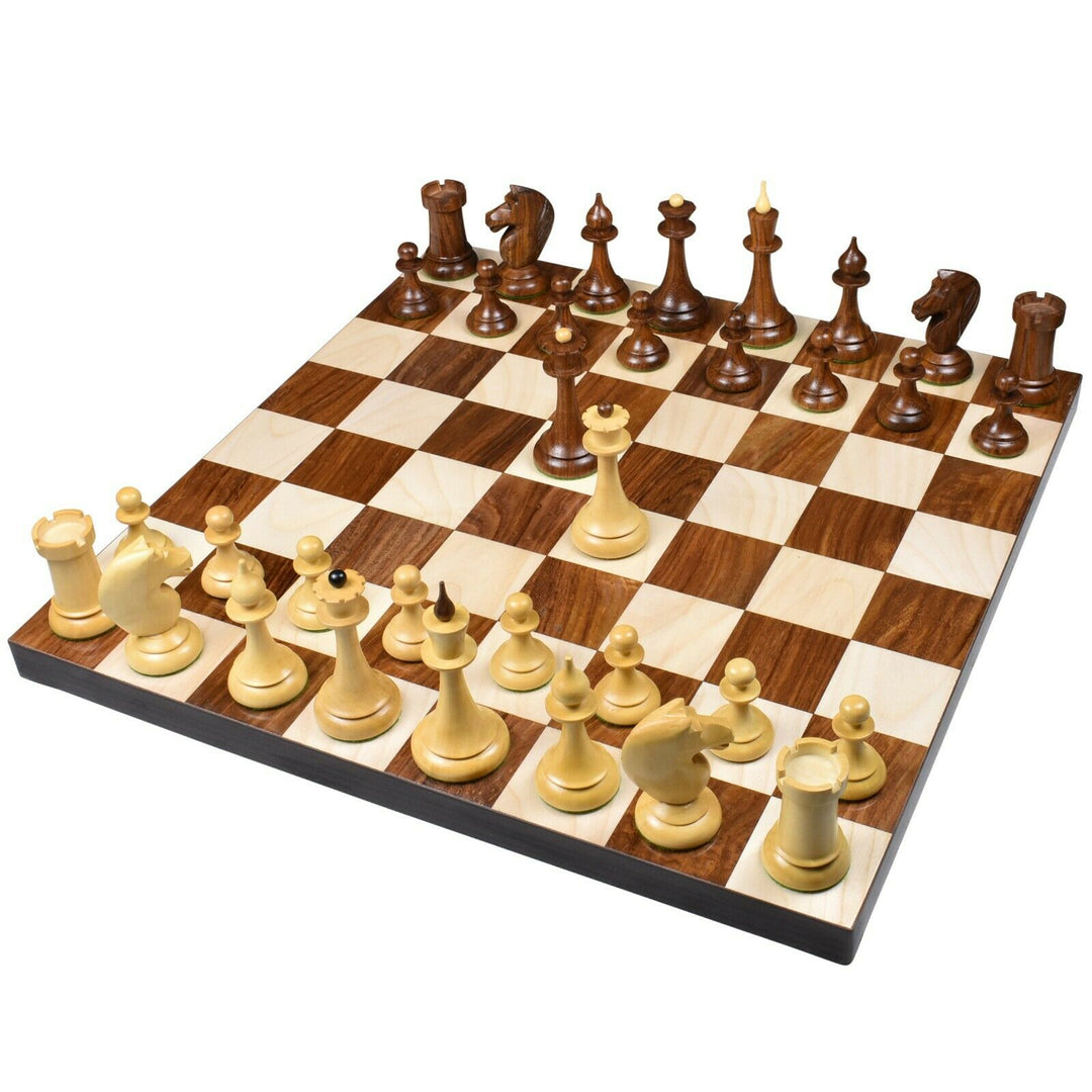 1950s Soviet Latvian reproduced chess set pieces arranged on a luxury wooden chess board.