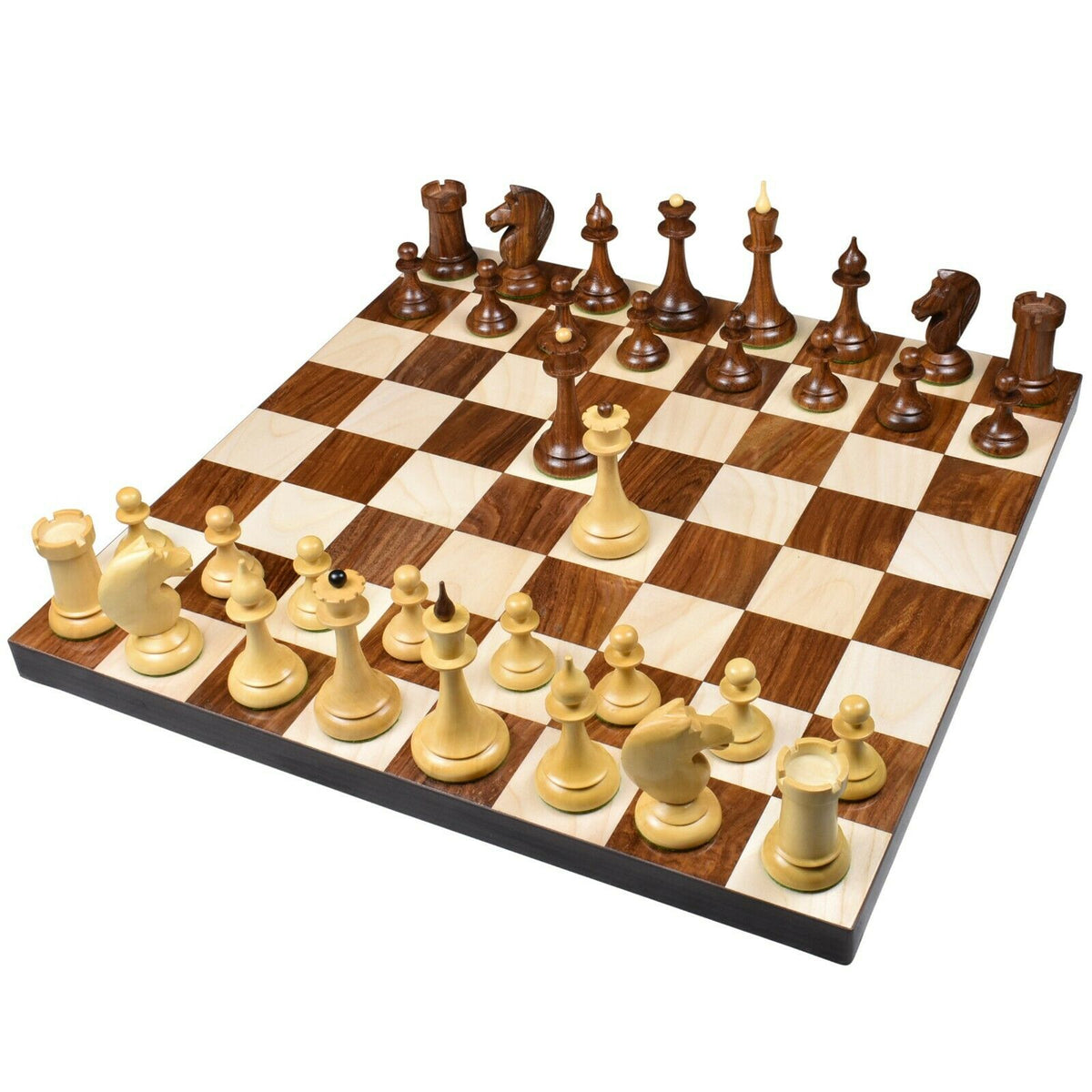 1950s Soviet Latvian reproduced chess set pieces arranged on a luxury wooden chess board.