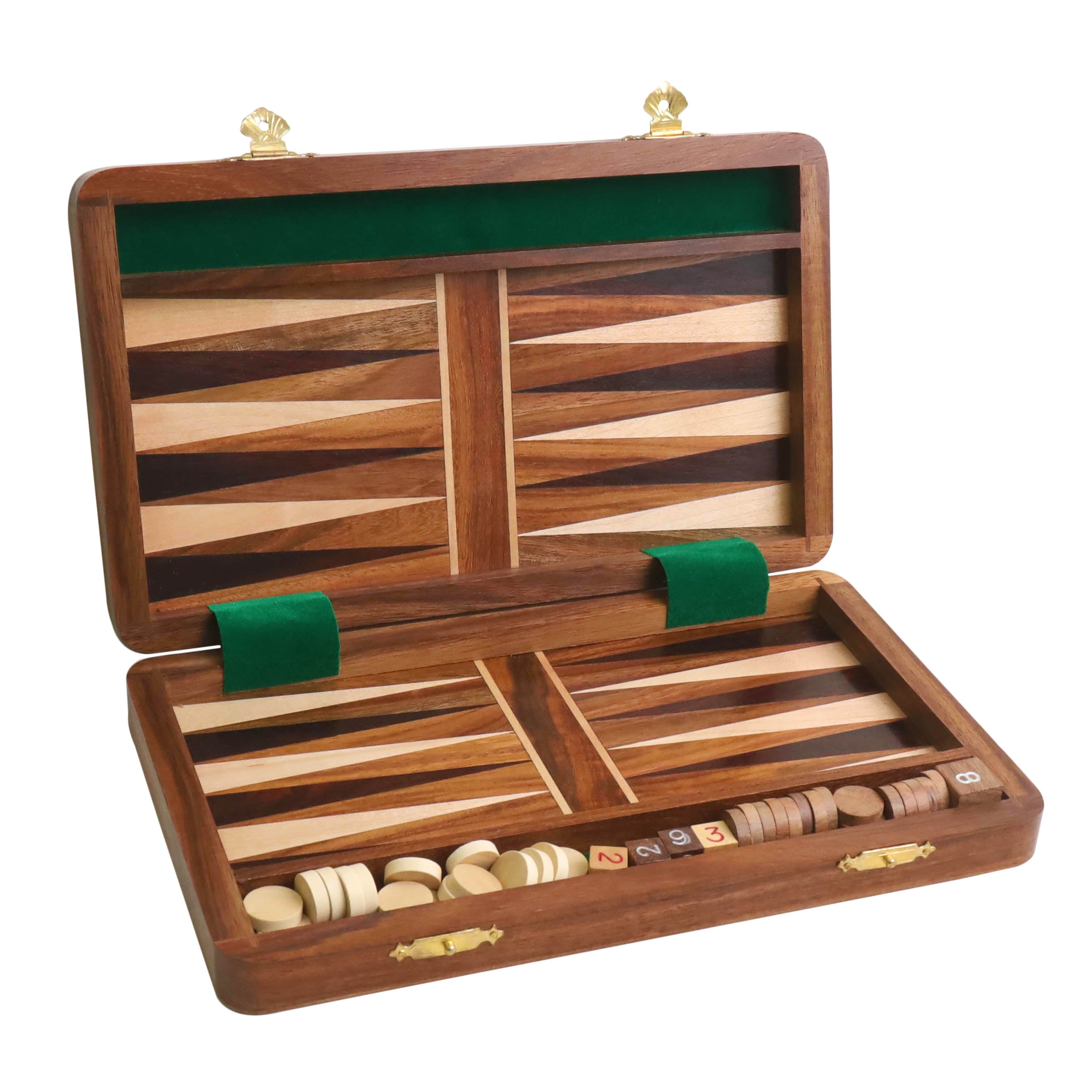 Handcrafted wood travel backgammon set open with playing pieces and dice in storage rails.